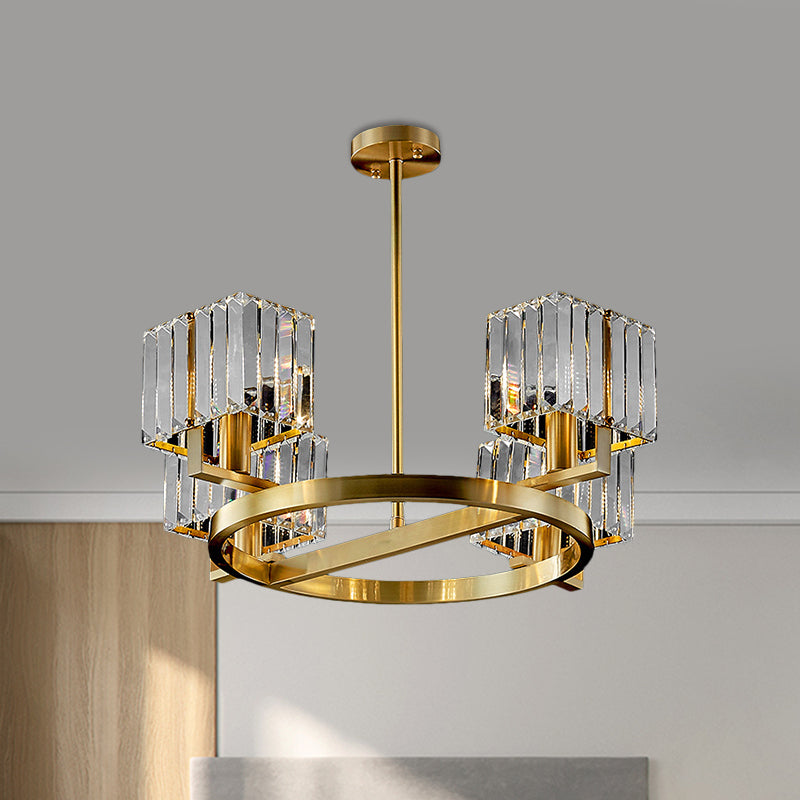 4/6 Bulbs Ring Frame Semi Flush Chandelier Modern Clear Crystal Cubic Shade Flush Mount Lighting in Gold 4 Clear Clearhalo 'Ceiling Lights' 'Close To Ceiling Lights' 'Close to ceiling' 'Semi-flushmount' Lighting' 1400110