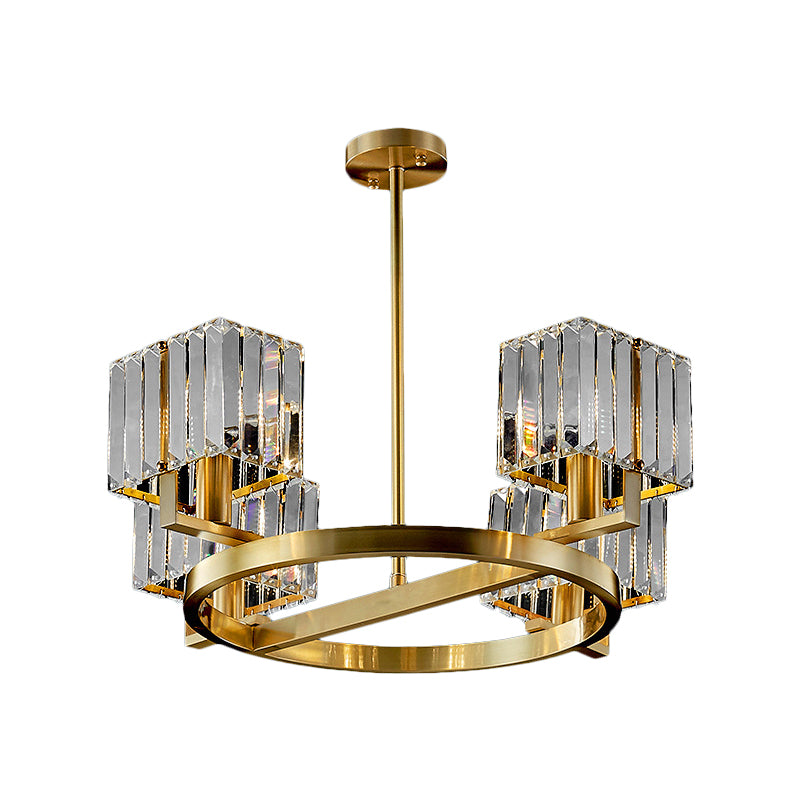4/6 Bulbs Ring Frame Semi Flush Chandelier Modern Clear Crystal Cubic Shade Flush Mount Lighting in Gold Clearhalo 'Ceiling Lights' 'Close To Ceiling Lights' 'Close to ceiling' 'Semi-flushmount' Lighting' 1400112