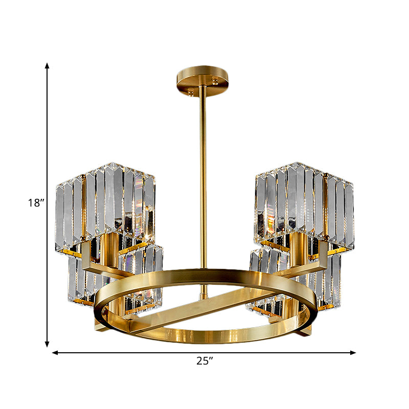 4/6 Bulbs Ring Frame Semi Flush Chandelier Modern Clear Crystal Cubic Shade Flush Mount Lighting in Gold Clearhalo 'Ceiling Lights' 'Close To Ceiling Lights' 'Close to ceiling' 'Semi-flushmount' Lighting' 1400113