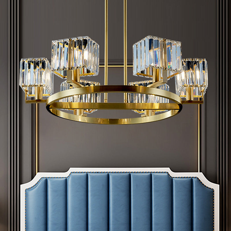 4/6 Bulbs Ring Frame Semi Flush Chandelier Modern Clear Crystal Cubic Shade Flush Mount Lighting in Gold 6 Clear Clearhalo 'Ceiling Lights' 'Close To Ceiling Lights' 'Close to ceiling' 'Semi-flushmount' Lighting' 1400114
