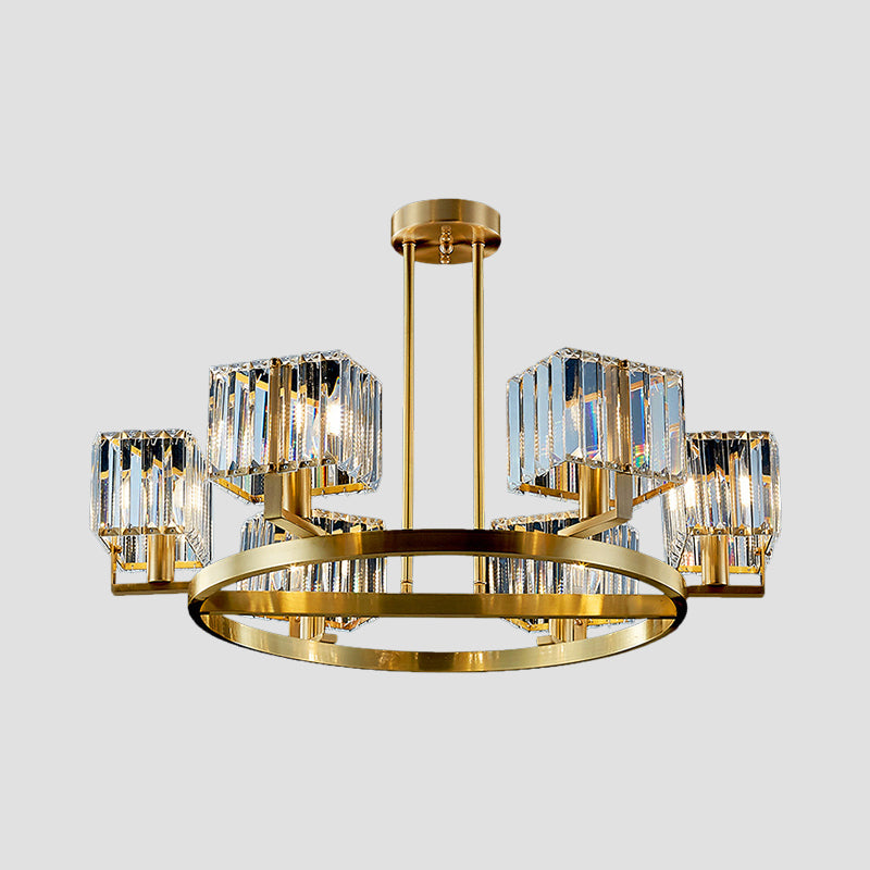4/6 Bulbs Ring Frame Semi Flush Chandelier Modern Clear Crystal Cubic Shade Flush Mount Lighting in Gold Clearhalo 'Ceiling Lights' 'Close To Ceiling Lights' 'Close to ceiling' 'Semi-flushmount' Lighting' 1400117