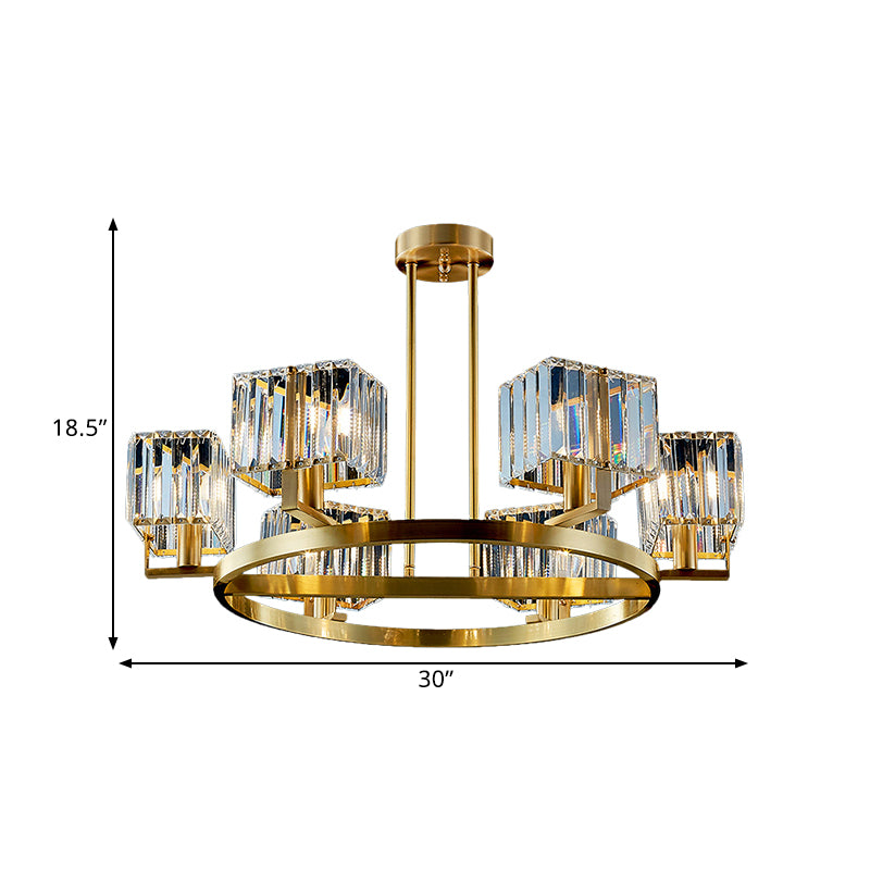 4/6 Bulbs Ring Frame Semi Flush Chandelier Modern Clear Crystal Cubic Shade Flush Mount Lighting in Gold Clearhalo 'Ceiling Lights' 'Close To Ceiling Lights' 'Close to ceiling' 'Semi-flushmount' Lighting' 1400118