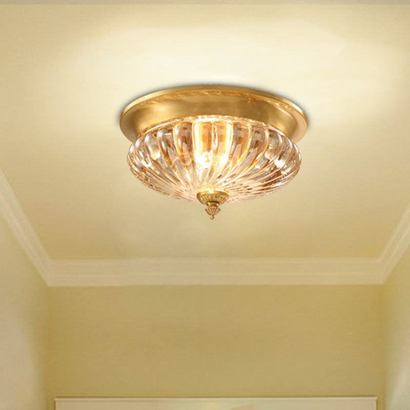 Gold 2 Bulbs Flush Mount Lamp Modern Crystal Striped Shade Bowl Ceiling Lighting with Metal Spear