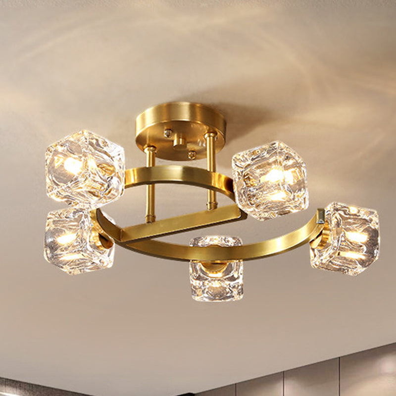 Cubic Clear Crystal Shade Ceiling Fixture Contemporary 5/7 Heads Bedchamber Semi Flush Light in Gold
