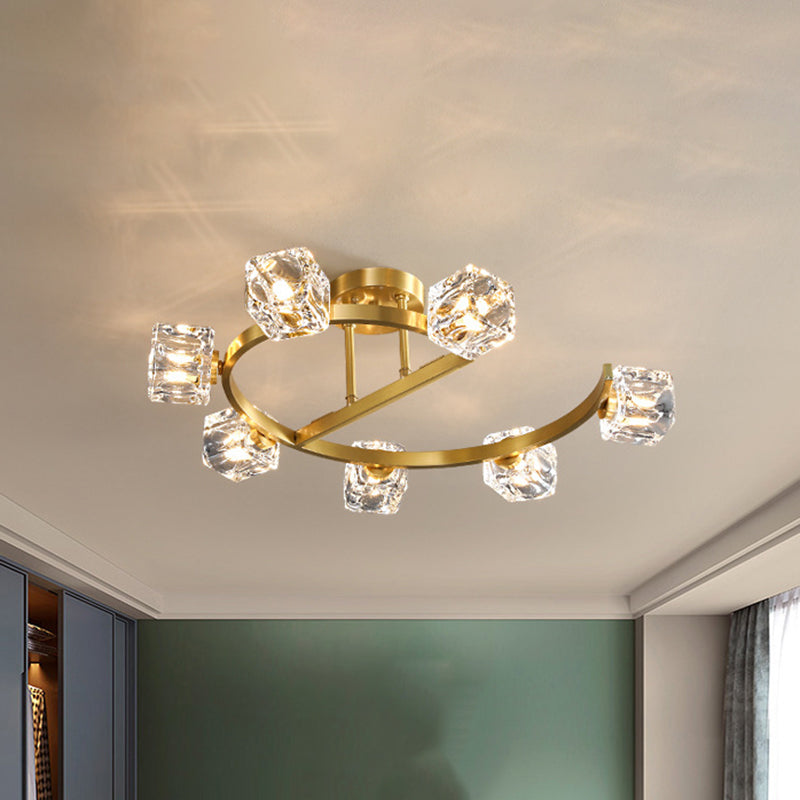 Cubic Clear Crystal Shade Ceiling Fixture Contemporary 5/7 Heads Bedchamber Semi Flush Light in Gold