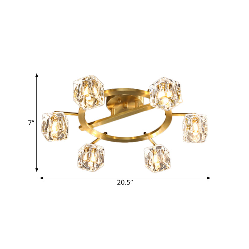Gold Ring Semi-Flush Mount Modern Clear Crystal Cube Shade 6/8 Bulbs Great Room Ceiling Mounted Light