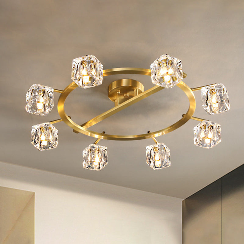 Gold Ring Semi-Flush Mount Modern Clear Crystal Cube Shade 6/8 Bulbs Great Room Ceiling Mounted Light