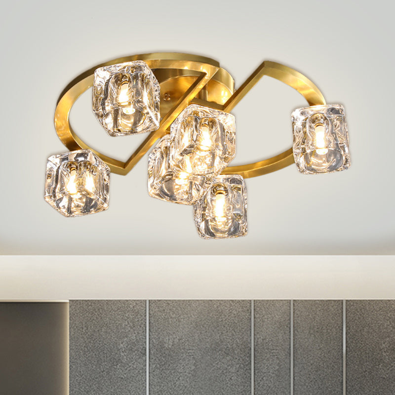 Semicircle Frame Parlour Lighting Fixture Contemporary Clear Glass Cubic Shade 6/8 Heads Gold Semi Flush Clearhalo 'Ceiling Lights' 'Close To Ceiling Lights' 'Close to ceiling' 'Semi-flushmount' Lighting' 1400176