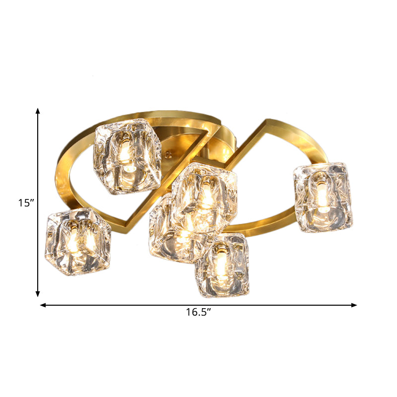 Semicircle Frame Parlour Lighting Fixture Contemporary Clear Glass Cubic Shade 6/8 Heads Gold Semi Flush Clearhalo 'Ceiling Lights' 'Close To Ceiling Lights' 'Close to ceiling' 'Semi-flushmount' Lighting' 1400178