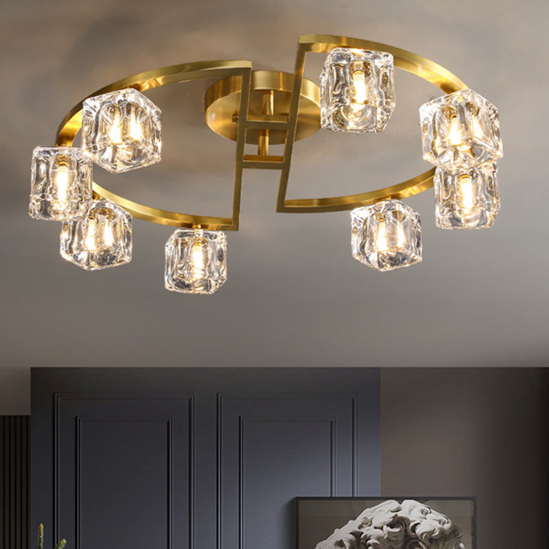 Semicircle Frame Parlour Lighting Fixture Contemporary Clear Glass Cubic Shade 6/8 Heads Gold Semi Flush 8 Clear Clearhalo 'Ceiling Lights' 'Close To Ceiling Lights' 'Close to ceiling' 'Semi-flushmount' Lighting' 1400179