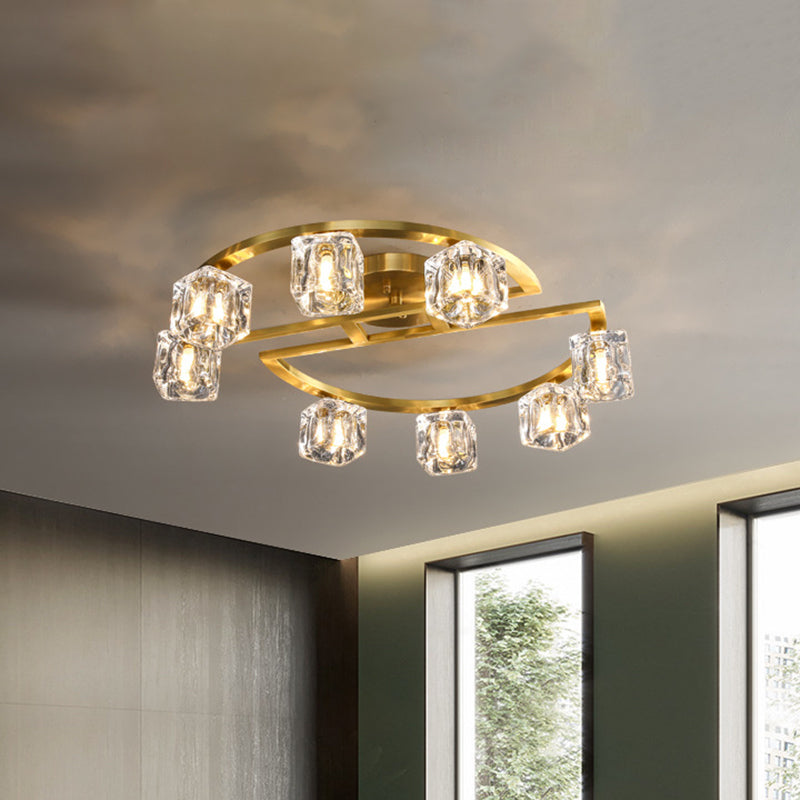 Semicircle Frame Parlour Lighting Fixture Contemporary Clear Glass Cubic Shade 6/8 Heads Gold Semi Flush Clearhalo 'Ceiling Lights' 'Close To Ceiling Lights' 'Close to ceiling' 'Semi-flushmount' Lighting' 1400180