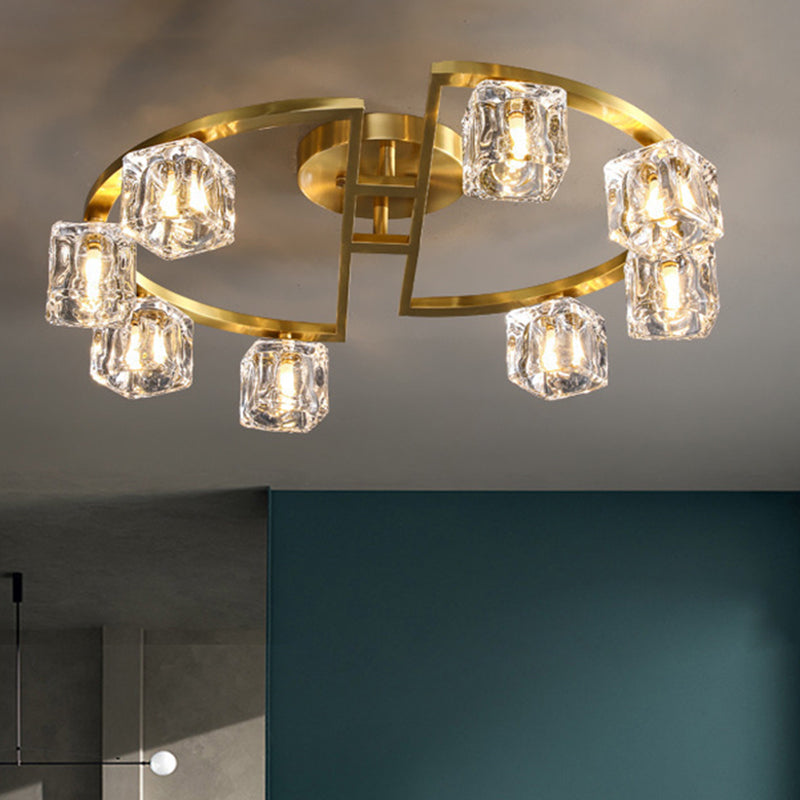 Semicircle Frame Parlour Lighting Fixture Contemporary Clear Glass Cubic Shade 6/8 Heads Gold Semi Flush Clearhalo 'Ceiling Lights' 'Close To Ceiling Lights' 'Close to ceiling' 'Semi-flushmount' Lighting' 1400181