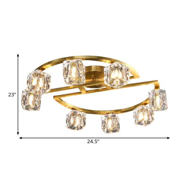 Semicircle Frame Parlour Lighting Fixture Contemporary Clear Glass Cubic Shade 6/8 Heads Gold Semi Flush Clearhalo 'Ceiling Lights' 'Close To Ceiling Lights' 'Close to ceiling' 'Semi-flushmount' Lighting' 1400183