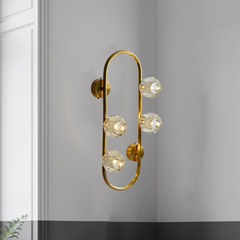 Gold 4 Bulbs Wall Mount Light Modern Ball Clear Crystal Shade Wall Lighting Idea with Oval Frame Clear Clearhalo 'Modern wall lights' 'Modern' 'Wall Lamps & Sconces' 'Wall Lights' Lighting' 1400207