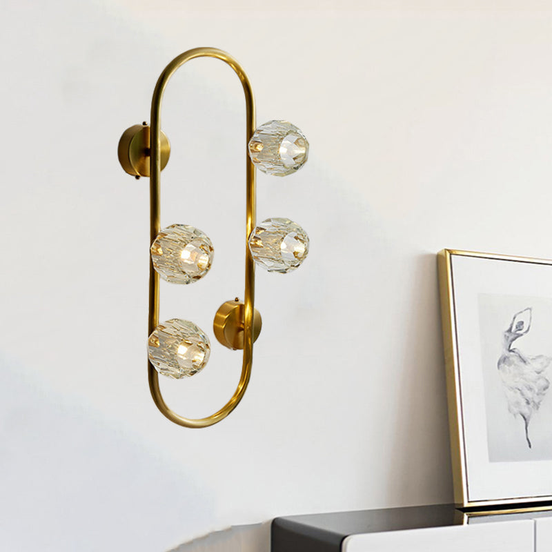 Gold 4 Bulbs Wall Mount Light Modern Ball Clear Crystal Shade Wall Lighting Idea with Oval Frame Clearhalo 'Modern wall lights' 'Modern' 'Wall Lamps & Sconces' 'Wall Lights' Lighting' 1400208