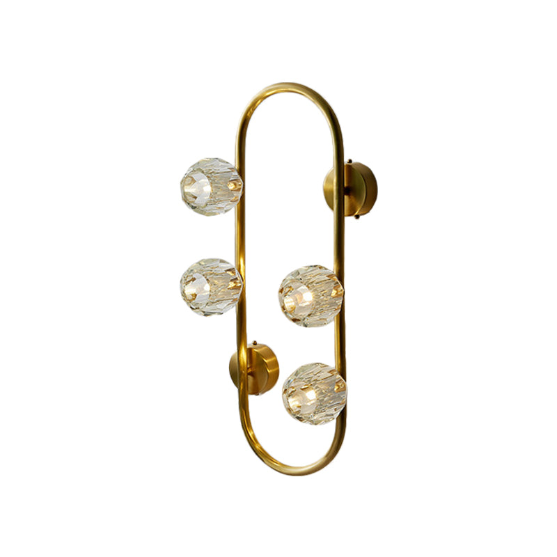 Gold 4 Bulbs Wall Mount Light Modern Ball Clear Crystal Shade Wall Lighting Idea with Oval Frame Clearhalo 'Modern wall lights' 'Modern' 'Wall Lamps & Sconces' 'Wall Lights' Lighting' 1400209