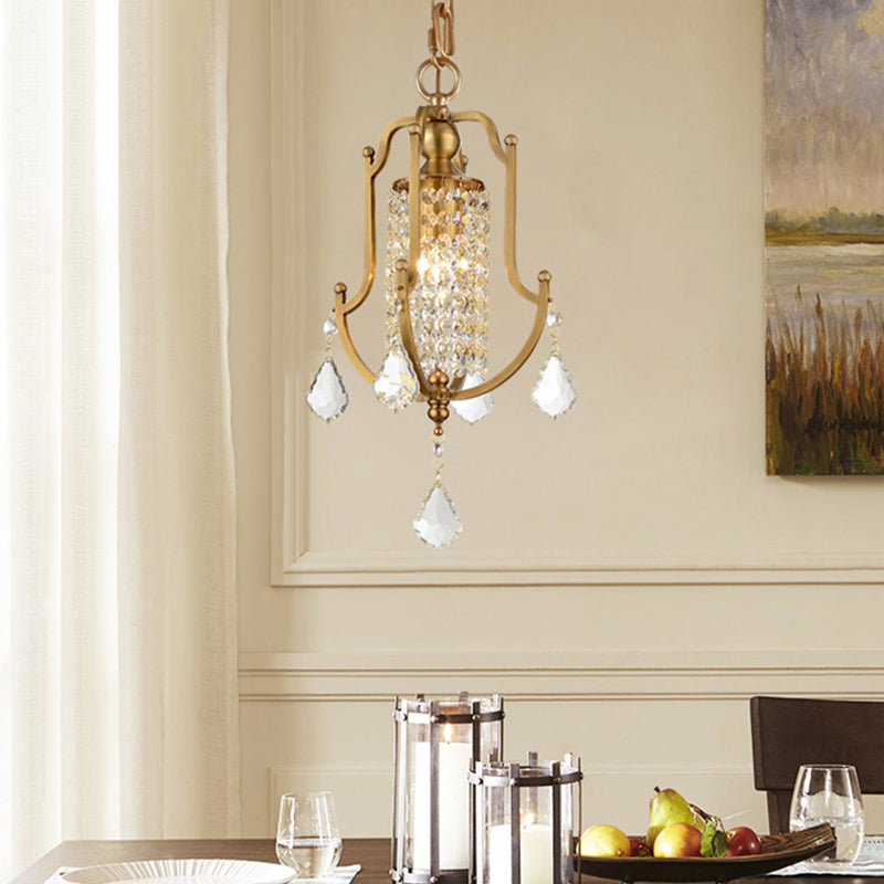 1 Head Swag Lamp Contemporary Lantern Frame Clear Crystal Draping Pendant Lighting in Gold Gold Clearhalo 'Ceiling Lights' 'Modern Pendants' 'Modern' 'Pendant Lights' 'Pendants' Lighting' 1400219