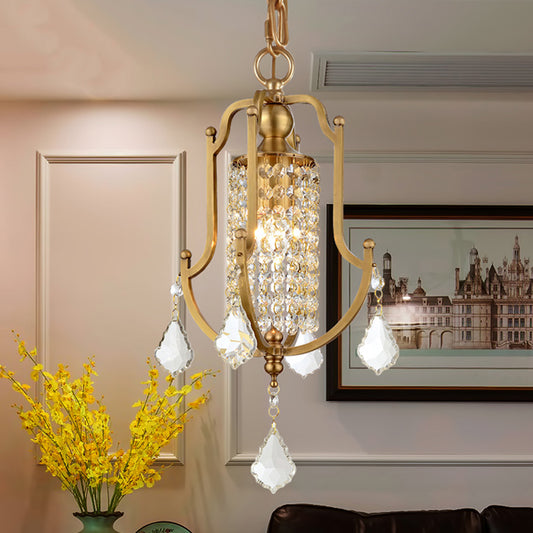 1 Head Swag Lamp Contemporary Lantern Frame Clear Crystal Draping Pendant Lighting in Gold Clearhalo 'Ceiling Lights' 'Modern Pendants' 'Modern' 'Pendant Lights' 'Pendants' Lighting' 1400220