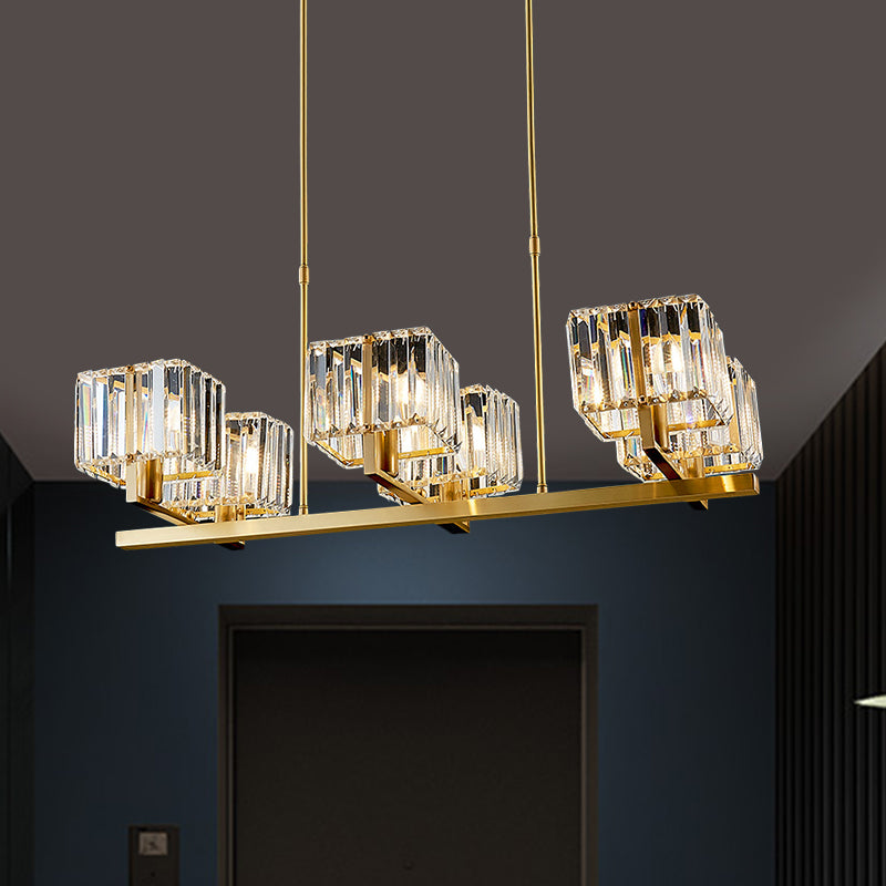 Crooked Arm Dinning Room Island Pendant Modern Crystal Cuboid Shade 6 Bulbs Gold Island Light Fixture Clearhalo 'Ceiling Lights' 'Island Lights' Lighting' 1400224