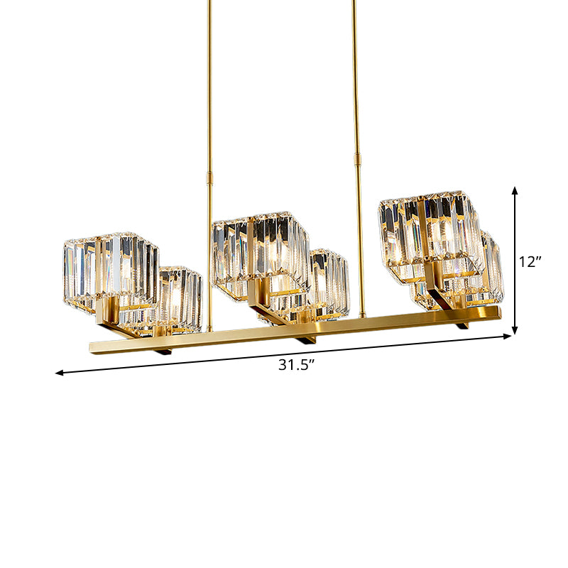 Crooked Arm Dinning Room Island Pendant Modern Crystal Cuboid Shade 6 Bulbs Gold Island Light Fixture Clearhalo 'Ceiling Lights' 'Island Lights' Lighting' 1400226