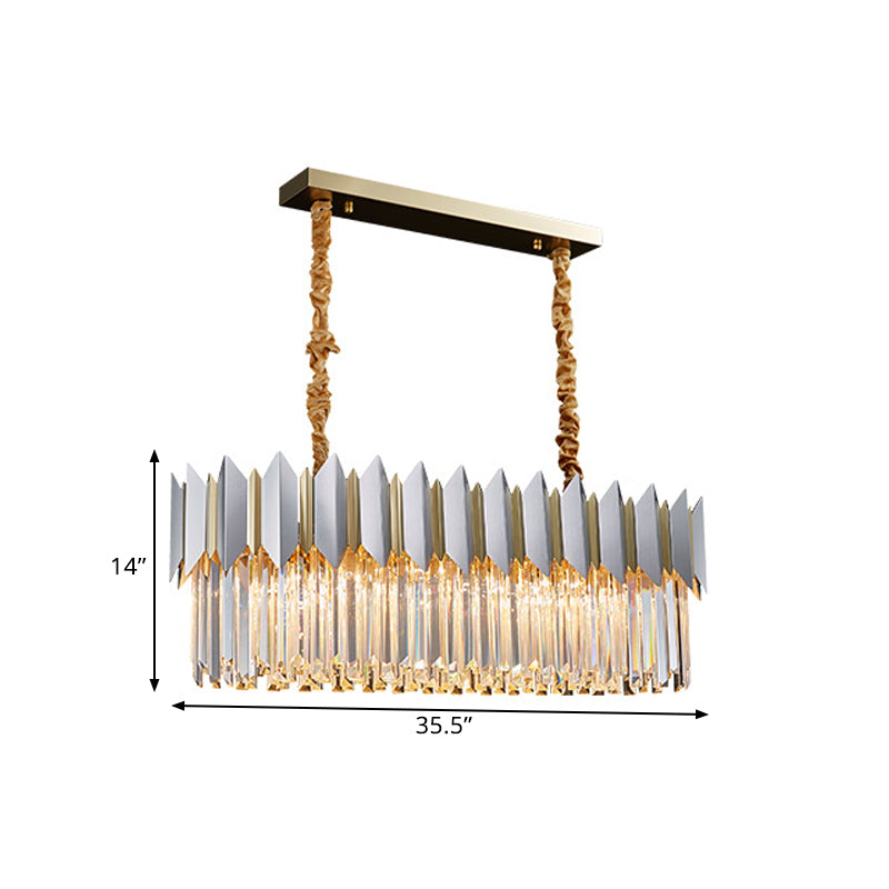 Silver Finish 10 Bulbs Island Light Contemporary Crystal Prisms Oval Rectangle Pendant Lighting Clearhalo 'Ceiling Lights' 'Island Lights' Lighting' 1400242