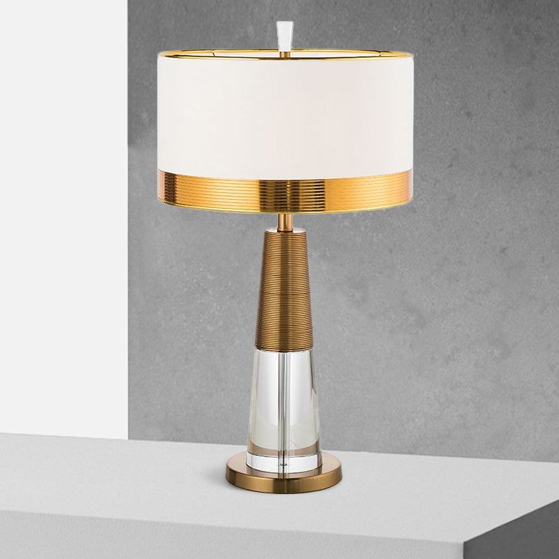 1 Head Table Lamp Contemporary Drum Fabric Shade Nightstand Light in White with Clear Crystal Base Clearhalo 'Lamps' 'Table Lamps' Lighting' 1400252