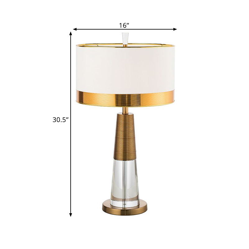 1 Head Table Lamp Contemporary Drum Fabric Shade Nightstand Light in White with Clear Crystal Base Clearhalo 'Lamps' 'Table Lamps' Lighting' 1400254