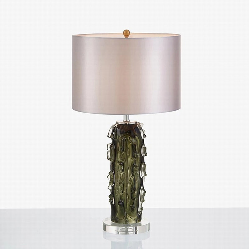 1 Head Night Stand Lamp Modern Pale Barrel Fabric Shade Table Light with Embossed Crystal Column in Dark Gray Dark Gray Clearhalo 'Lamps' 'Table Lamps' Lighting' 1400259