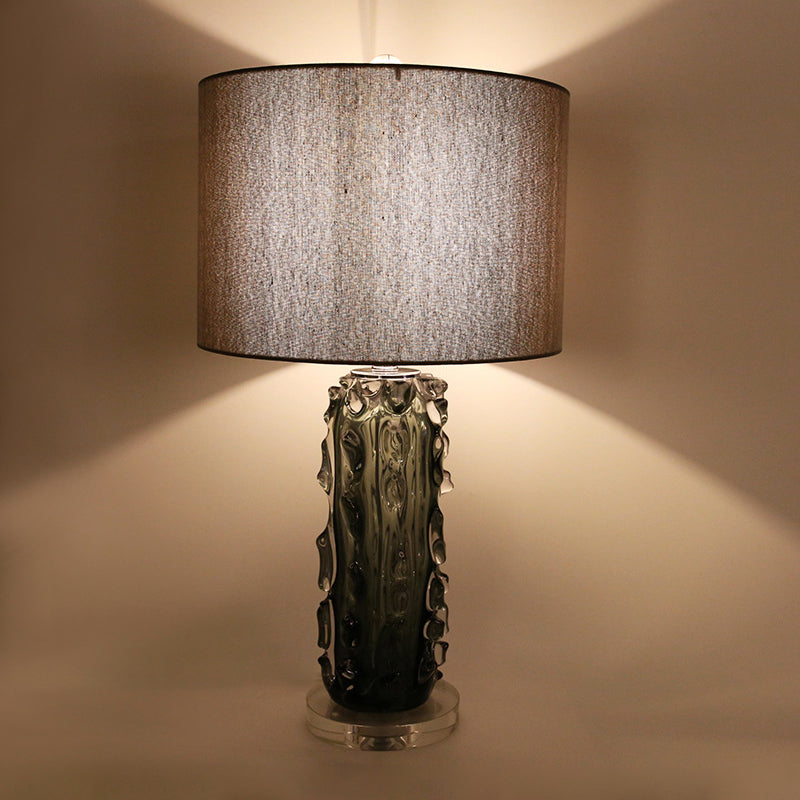 1 Head Night Stand Lamp Modern Pale Barrel Fabric Shade Table Light with Embossed Crystal Column in Dark Gray Clearhalo 'Lamps' 'Table Lamps' Lighting' 1400261