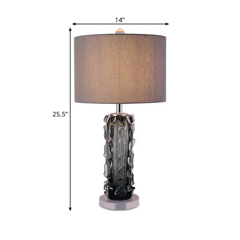 1 Head Night Stand Lamp Modern Pale Barrel Fabric Shade Table Light with Embossed Crystal Column in Dark Gray Clearhalo 'Lamps' 'Table Lamps' Lighting' 1400262