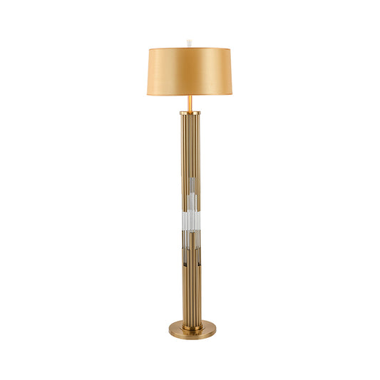 Gold 1 Bulb Floor Light Contemporary Barrel Fabric Shade Floor Reading Lamp with Crystal Tubes Stand Clearhalo 'Floor Lamps' 'Lamps' Lighting' 1400264