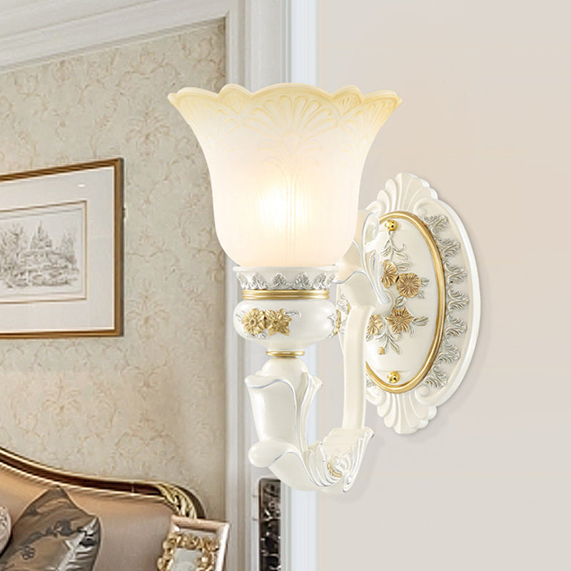 Flared Pattern Glass Sconce Lighting Antiqued 1/2-Light Dining Room Wall Mount Light Fixture in White Clearhalo 'Wall Lamps & Sconces' 'Wall Lights' Lighting' 1400272