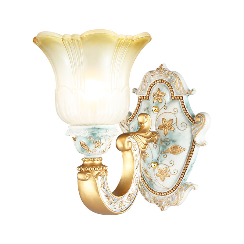 Traditional Flower Wall Mount Lamp 1/2-Head Fading Amber and White Glass Sconce in Gold Clearhalo 'Wall Lamps & Sconces' 'Wall Lights' Lighting' 1400287