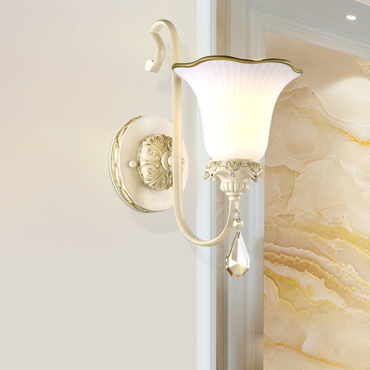 Single-Bulb Wall Sconce Lighting Antiqued Morning Glory Opaline Glass Wall Light in White Clearhalo 'Wall Lamps & Sconces' 'Wall Lights' Lighting' 1400317
