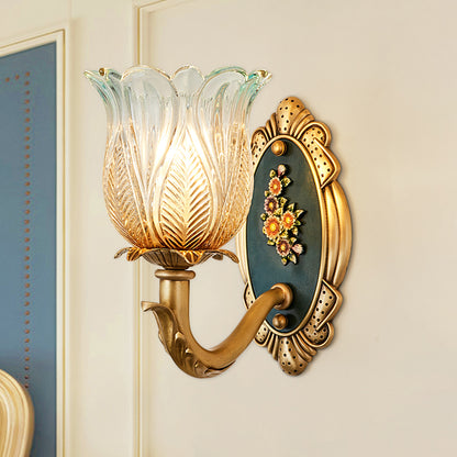 Retro Semi-Open Flower Wall Lighting 1/2-Light Carved Glass Sconce Light Fixture in Gold 1.0 Gold Clearhalo 'Wall Lamps & Sconces' 'Wall Lights' Lighting' 1400336