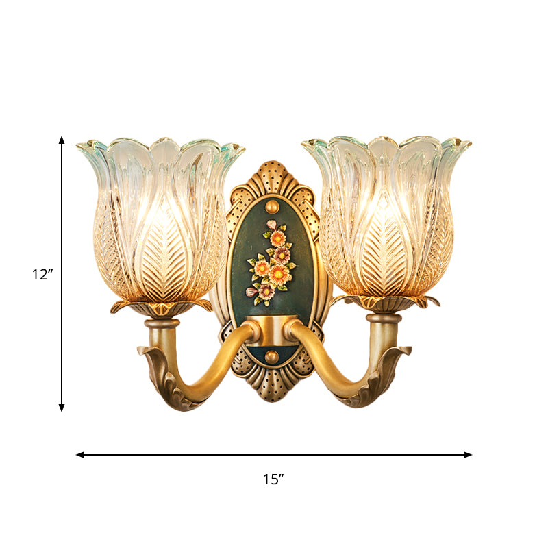 Retro Semi-Open Flower Wall Lighting 1/2-Light Carved Glass Sconce Light Fixture in Gold Clearhalo 'Wall Lamps & Sconces' 'Wall Lights' Lighting' 1400344