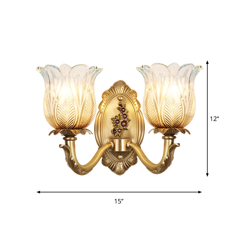 1/2-Bulb Carved Glass Sconce Lighting Vintage Gold Petals Bedroom Wall Mounted Lamp Clearhalo 'Wall Lamps & Sconces' 'Wall Lights' Lighting' 1400362