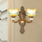 Brass 1/2-Head Wall Sconce Traditional Yellow and Blue Glass Lettuce-Edge Wall Mount Lamp 2.0 Brass Clearhalo 'Wall Lamps & Sconces' 'Wall Lights' Lighting' 1400372