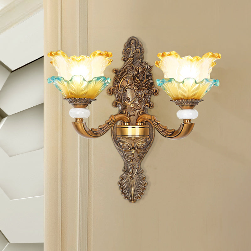 Brass 1/2-Head Wall Sconce Traditional Yellow and Blue Glass Lettuce-Edge Wall Mount Lamp 2.0 Brass Clearhalo 'Wall Lamps & Sconces' 'Wall Lights' Lighting' 1400372