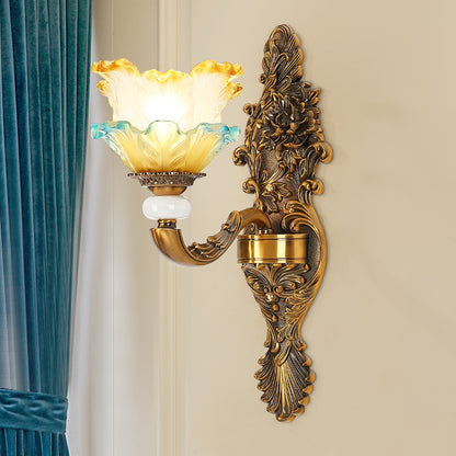 Brass 1/2-Head Wall Sconce Traditional Yellow and Blue Glass Lettuce-Edge Wall Mount Lamp 1.0 Brass Clearhalo 'Wall Lamps & Sconces' 'Wall Lights' Lighting' 1400376