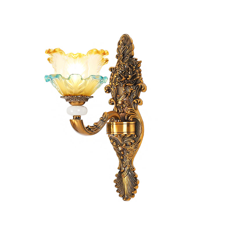 Brass 1/2-Head Wall Sconce Traditional Yellow and Blue Glass Lettuce-Edge Wall Mount Lamp Clearhalo 'Wall Lamps & Sconces' 'Wall Lights' Lighting' 1400379