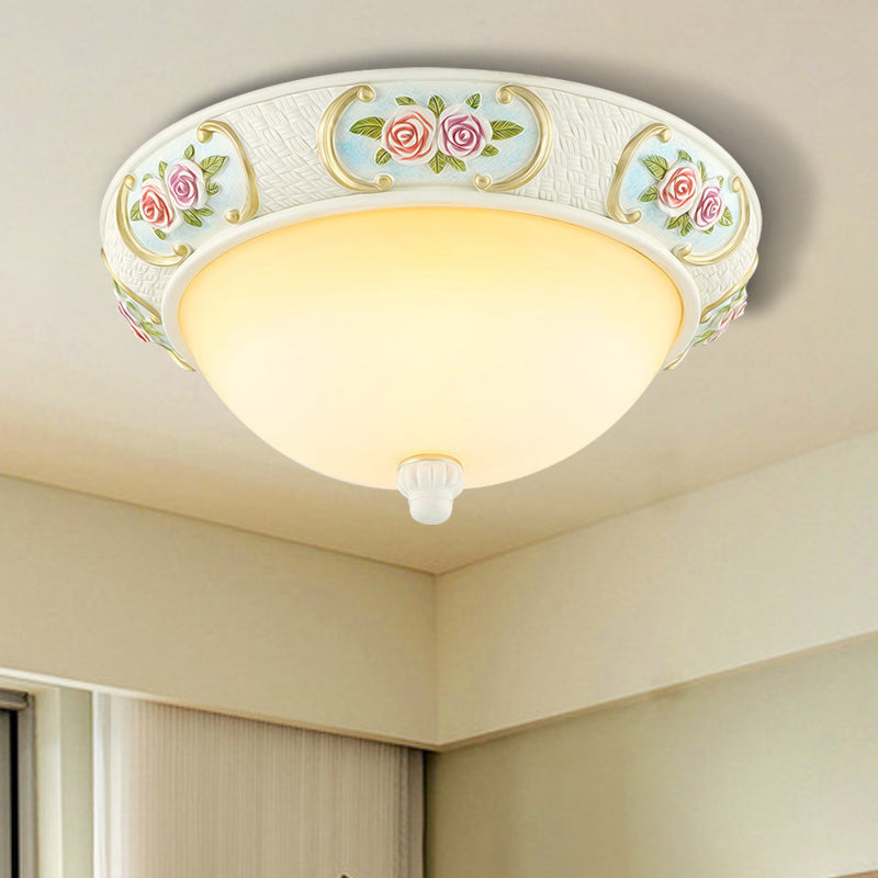 White Dome Ceiling Flush Light Rustic Opal Glass 15"/19" W 3-Bulb Dining Room Flushmount with Embossed Rose Decor Clearhalo 'Ceiling Lights' 'Close To Ceiling Lights' 'Close to ceiling' 'Flush mount' Lighting' 1400390