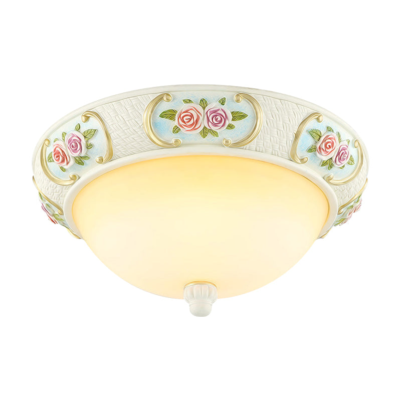 White Dome Ceiling Flush Light Rustic Opal Glass 15"/19" W 3-Bulb Dining Room Flushmount with Embossed Rose Decor Clearhalo 'Ceiling Lights' 'Close To Ceiling Lights' 'Close to ceiling' 'Flush mount' Lighting' 1400391