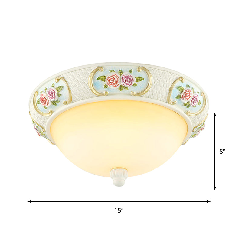 White Dome Ceiling Flush Light Rustic Opal Glass 15"/19" W 3-Bulb Dining Room Flushmount with Embossed Rose Decor Clearhalo 'Ceiling Lights' 'Close To Ceiling Lights' 'Close to ceiling' 'Flush mount' Lighting' 1400392