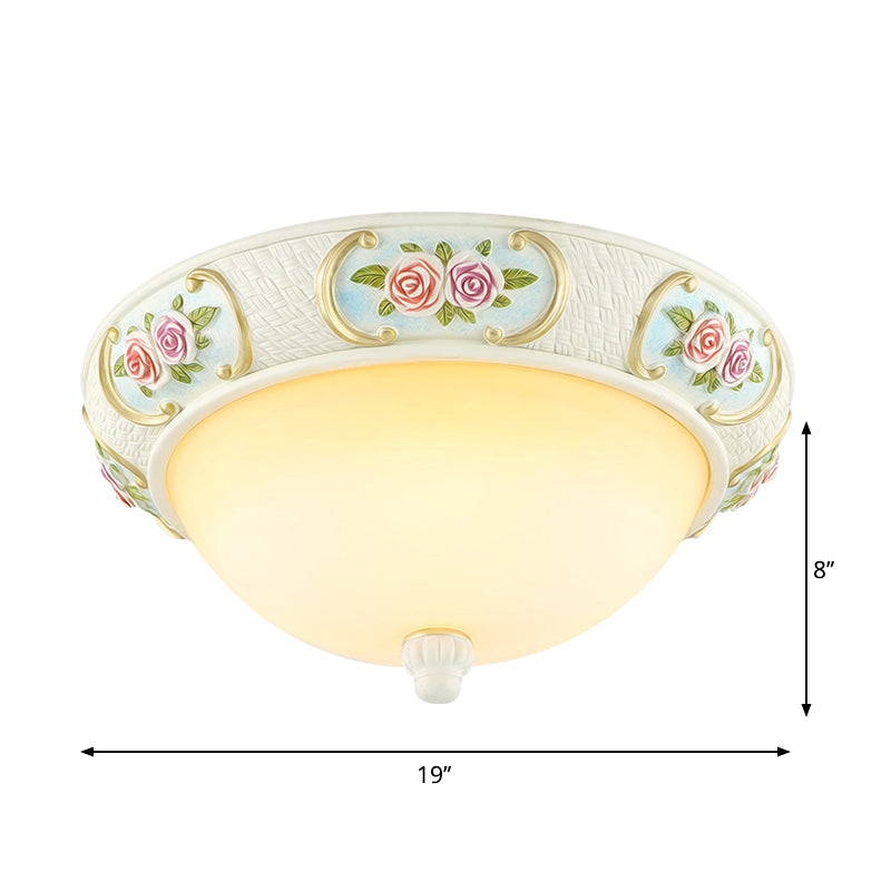 White Dome Ceiling Flush Light Rustic Opal Glass 15"/19" W 3-Bulb Dining Room Flushmount with Embossed Rose Decor Clearhalo 'Ceiling Lights' 'Close To Ceiling Lights' 'Close to ceiling' 'Flush mount' Lighting' 1400393