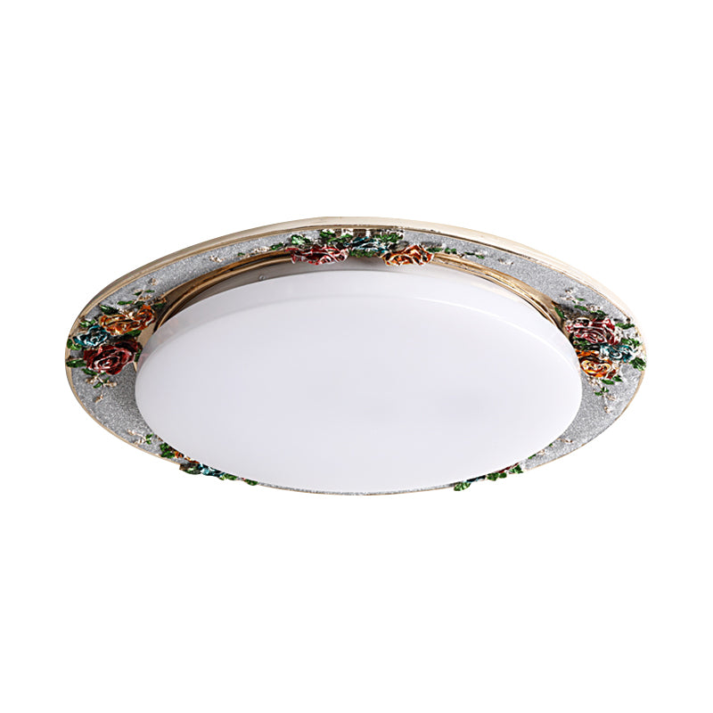 Handcrafted Rose Round Resin Flush Mount Retro Bedroom LED Close to Ceiling Light in Beige/Green/Silver Grey