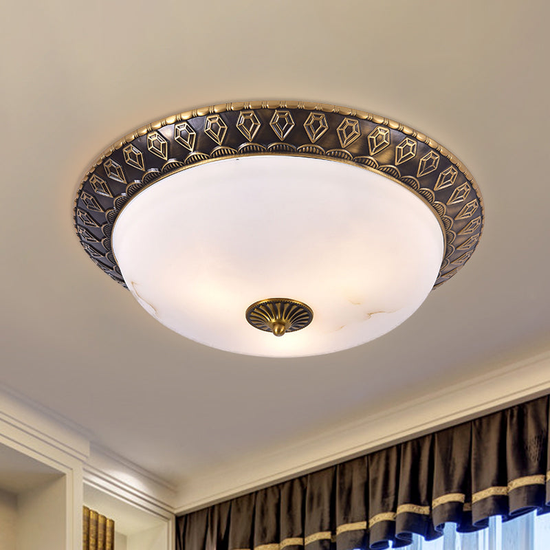 2/3 Heads Flush Mount Lamp Traditional Living Room Ceiling Light with Bowl Milk Glass Shade in Brass, 14"/16"/19.5" W Brass Clearhalo 'Ceiling Lights' 'Close To Ceiling Lights' 'Close to ceiling' 'Flush mount' Lighting' 1400461