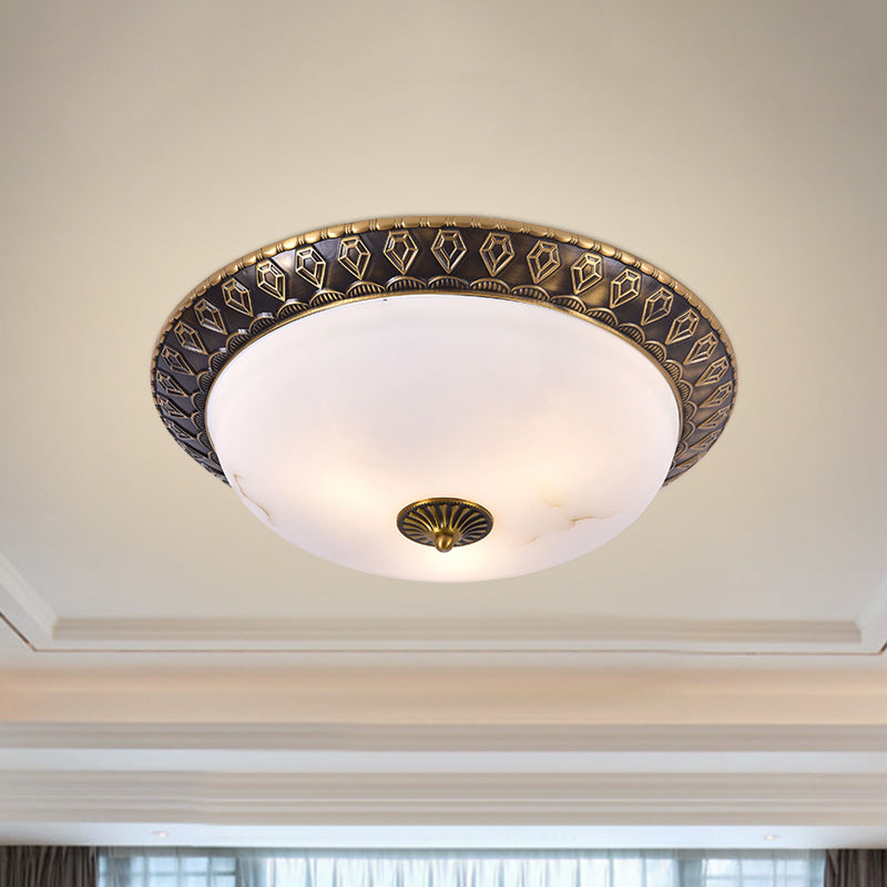 2/3 Heads Flush Mount Lamp Traditional Living Room Ceiling Light with Bowl Milk Glass Shade in Brass, 14"/16"/19.5" W Clearhalo 'Ceiling Lights' 'Close To Ceiling Lights' 'Close to ceiling' 'Flush mount' Lighting' 1400462