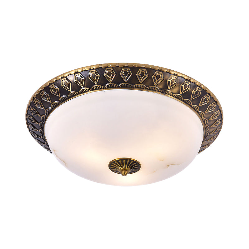 2/3 Heads Flush Mount Lamp Traditional Living Room Ceiling Light with Bowl Milk Glass Shade in Brass, 14"/16"/19.5" W Clearhalo 'Ceiling Lights' 'Close To Ceiling Lights' 'Close to ceiling' 'Flush mount' Lighting' 1400463