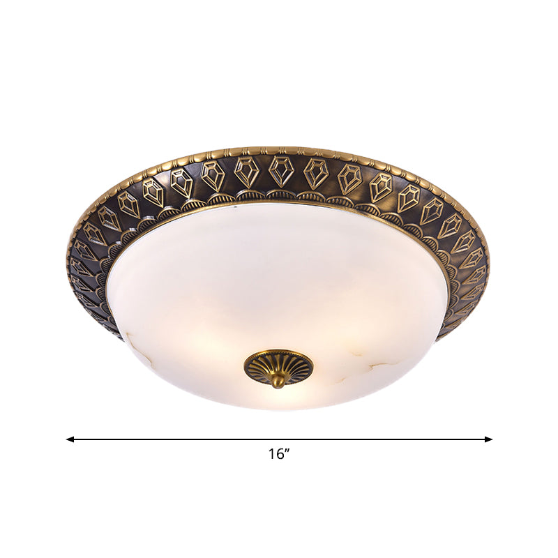 2/3 Heads Flush Mount Lamp Traditional Living Room Ceiling Light with Bowl Milk Glass Shade in Brass, 14"/16"/19.5" W Clearhalo 'Ceiling Lights' 'Close To Ceiling Lights' 'Close to ceiling' 'Flush mount' Lighting' 1400465